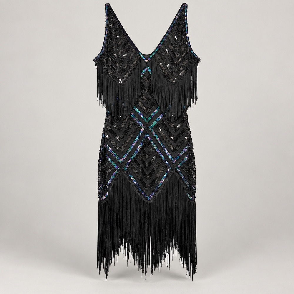 Babeyond Black Sequin Fringe Flapper Dress V-Neck 1920s Great Gatsby Theme XL